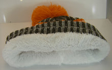 Cleveland Plush Lined Embroidered Winter Knit Pom Beanie Hat (Brown/Orange Script)