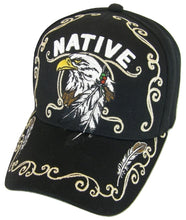 Native Pride Eagle Adjustable Baseball Cap with Feathers and Swirls (Black)