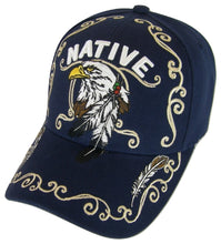 Native Pride Eagle Adjustable Baseball Cap with Feathers and Swirls (Navy)