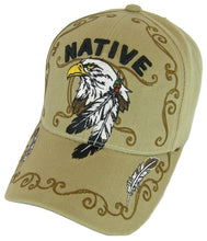 Native Pride Eagle Adjustable Baseball Cap with Feathers and Swirls (Khaki)