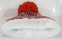 Ohio Plush Lined Embroidered Winter Knit Pom Beanie Hat (Red/Gray/Gray Script)