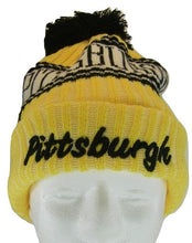 Pittsburgh Plush Lined Embroidered Winter Knit Pom Beanie Hat (Gold/Black Script)