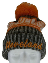 Cleveland Plush Lined Embroidered Winter Knit Pom Beanie Hat (Brown/Orange Script)