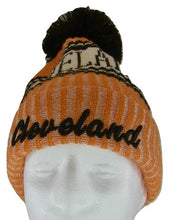 Cleveland Plush Lined Embroidered Winter Knit Pom Beanie Hat (Orange/Brown Script)