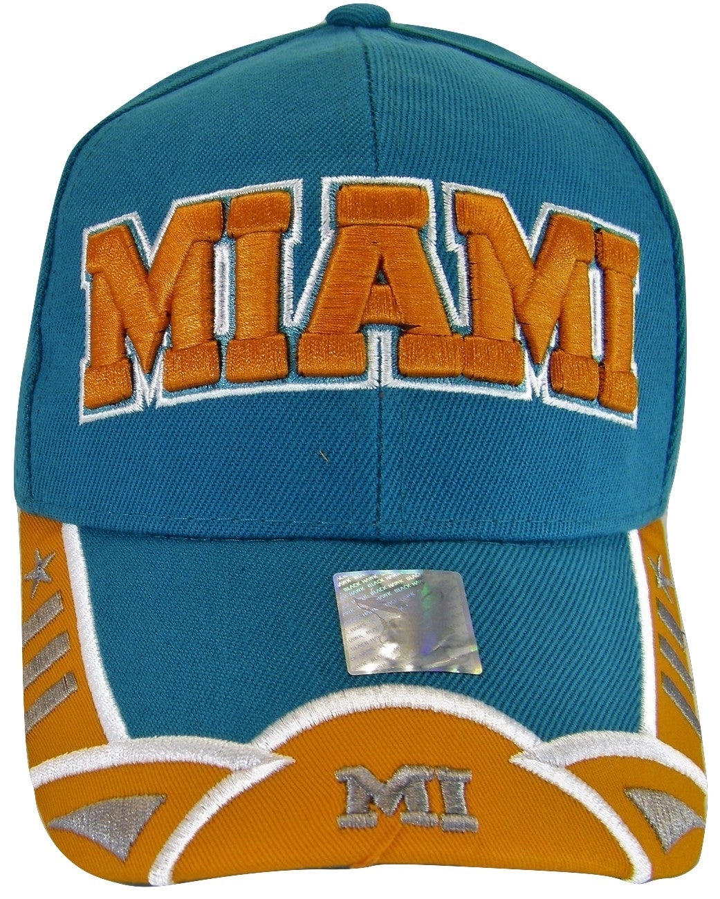 Miami Men's Small Star & Dashes 2-Tone Adjustable Baseball Cap (Aqua/Orange)