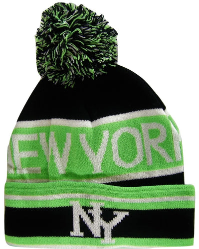 New York City NY Men's 2-Tone Winter Knit Pom Beanie Hats (Green/Black)
