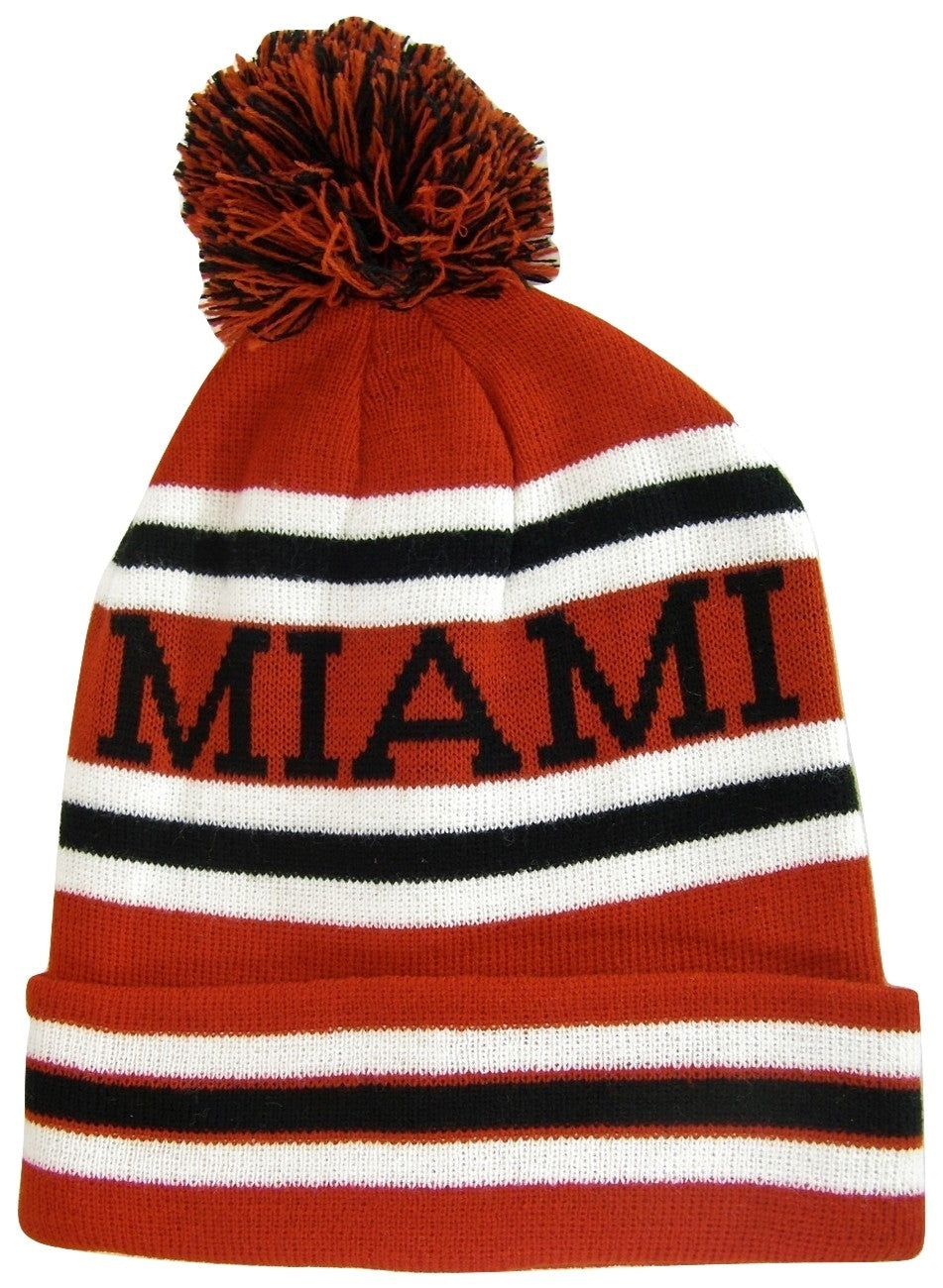 Miami Adult Size Winter Knit Beanie Hats (Red/Black Many Stripes)