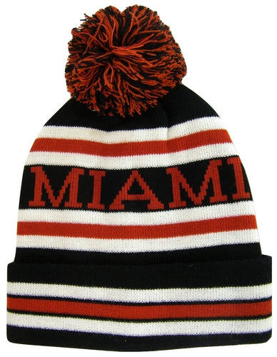 Miami Adult Size Winter Knit Beanie Hats (Black/Red Many Stripes)