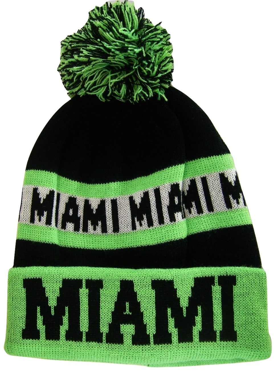 Miami Adult Size Winter Knit Beanie Hats (Green/Black 2X)