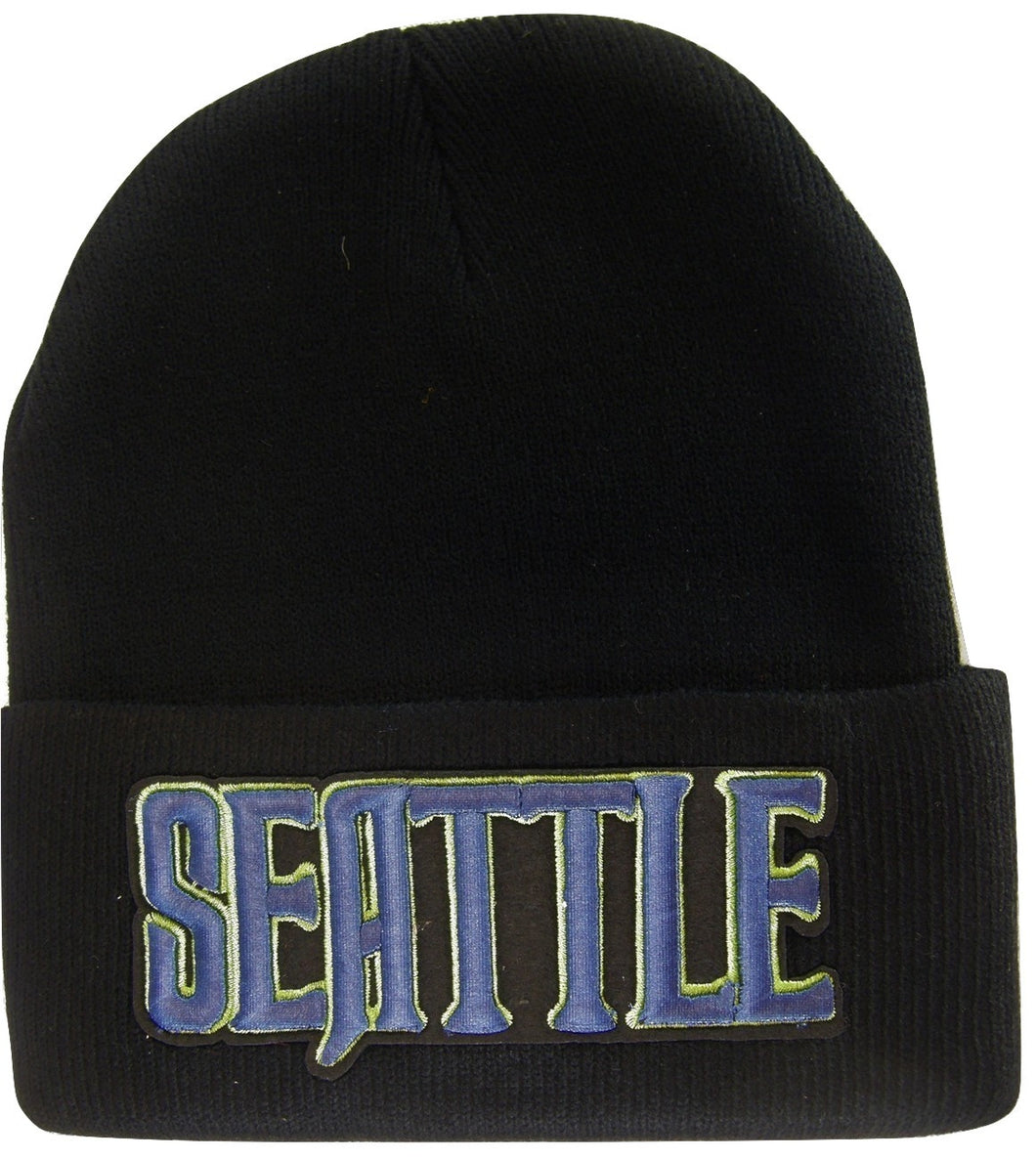 Seattle Men's Black Winter Knit Cuffed Beanie Skull Cap