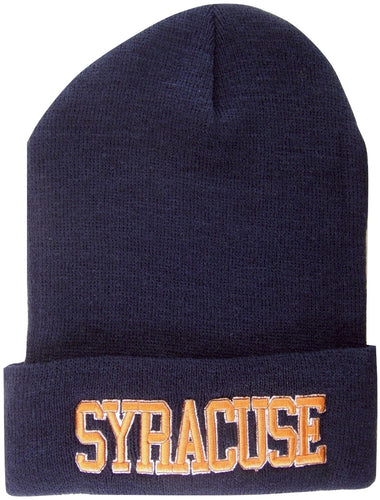 Syracuse Adult Size Winter Knit Beanie Hats (Navy/Orange Block Letters)