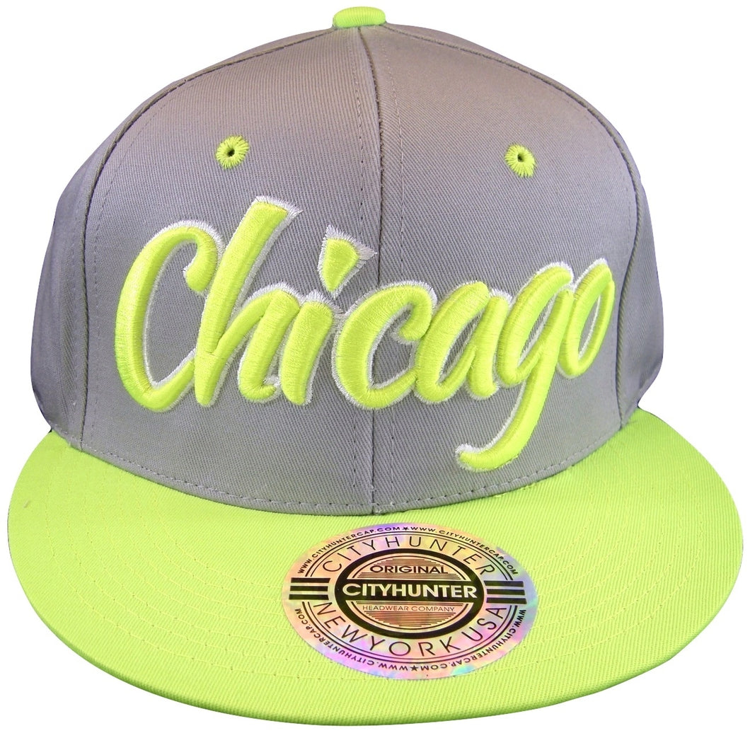 City Hunter Chicago Script Men's Adjustable Snapback Baseball Caps (Gray/Yellow)