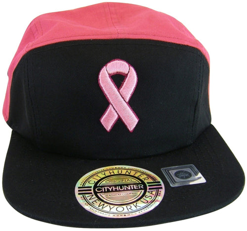 Breast Cancer Awareness BCA 5-Panel Flat Brim Pink Ribbon Baseball Cap (Black/Hot Pink)