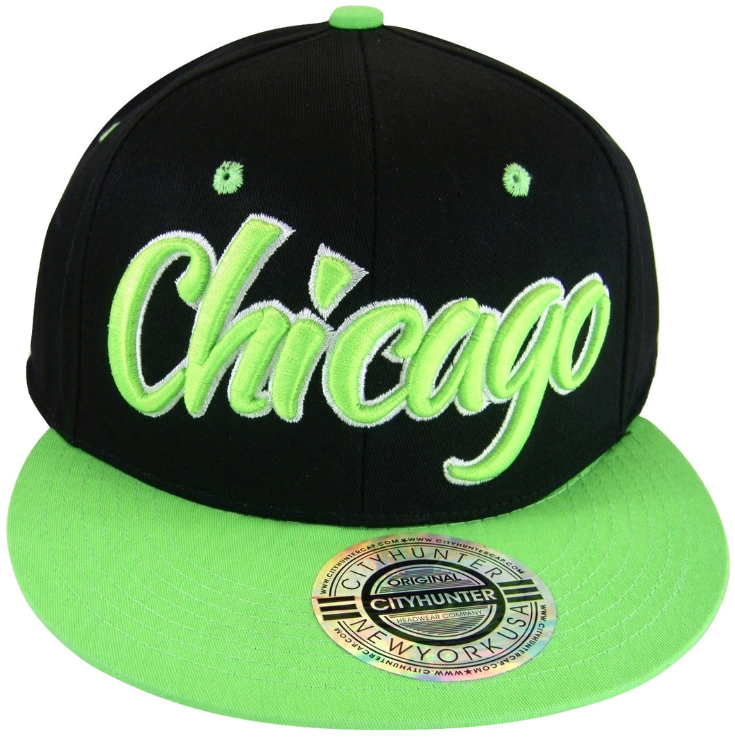 City Hunter Chicago Script Men's Adjustable Snapback Baseball Caps (Black/Green)