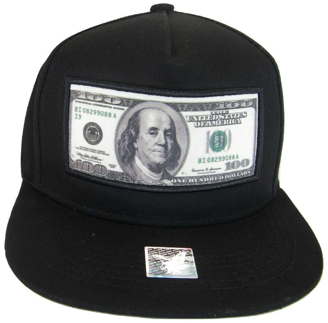 $100 Dollar Bill Ben Franklin Cotton Adjustable Snapback Baseball Cap (Black)