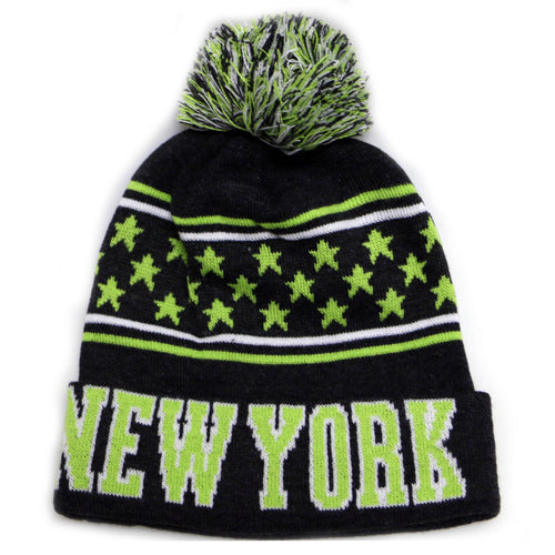 New York City Adult Size Winter Knit Beanie Hats (Black/Green Small Stars)