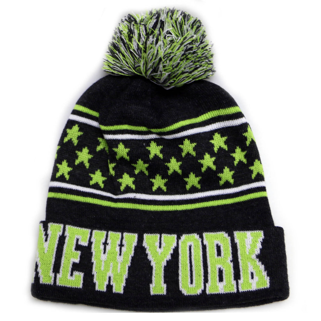 New York City Adult Size Winter Knit Beanie Hats (Black/Green Small Stars)