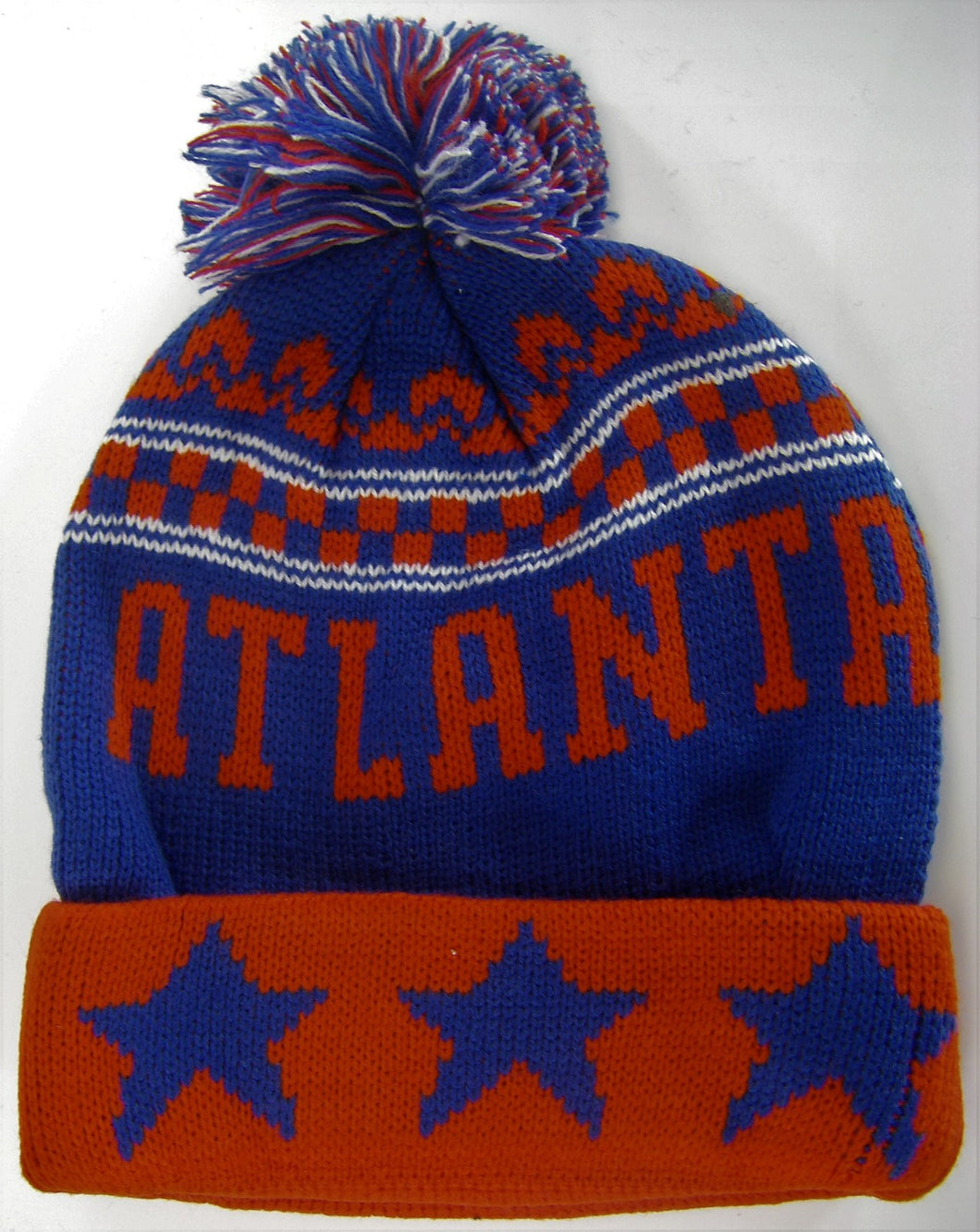 Atlanta Adult Size Winter Knit Beanie Hats (Red/Royal Stars)