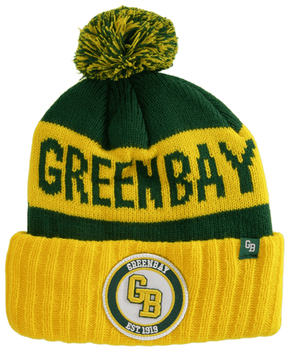 Green Bay GB Patch Ribbed Cuff Knit Winter Hat Pom Beanie (Gold/Green Patch)