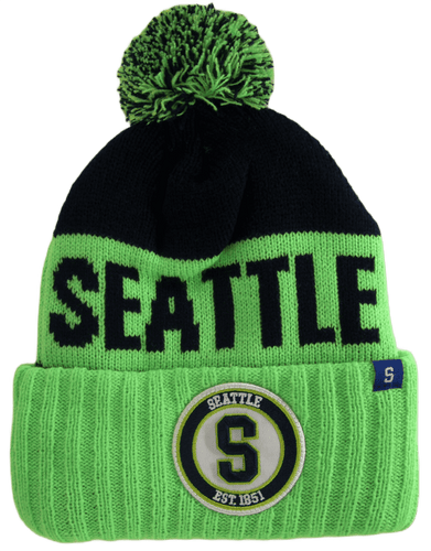 Seattle S Patch Fade Out Cuffed Knit Winter Pom Beanie Hat (Green/Navy)