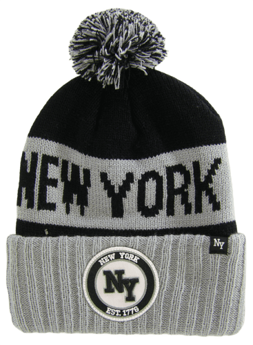 New York NY Patch Ribbed Cuff Knit Winter Hat Pom Beanie (Gray/Black Patch)