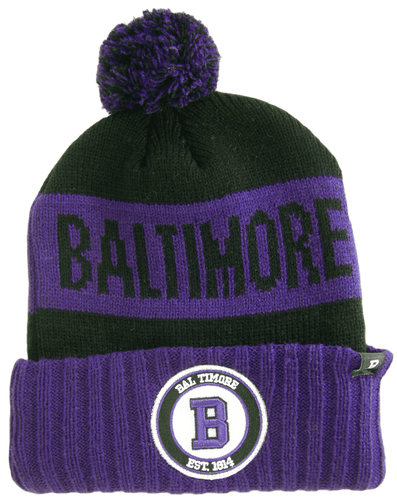 Baltimore B Patch Ribbed Cuff Knit Winter Hat Pom Beanie (Purple/Black Patch)