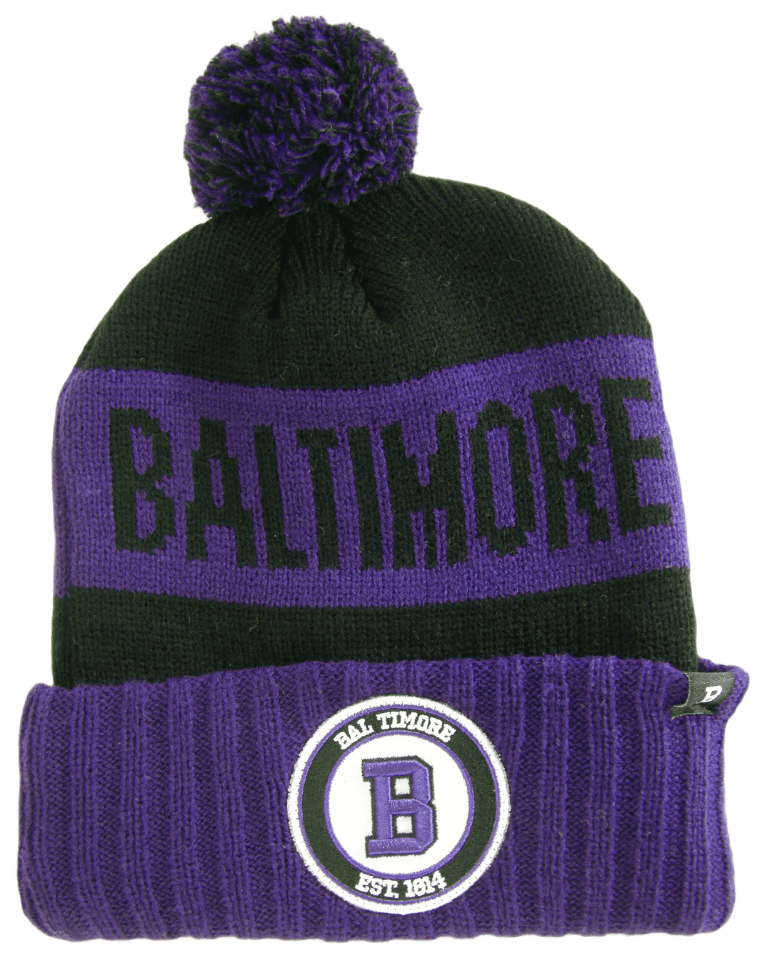 Baltimore B Patch Ribbed Cuff Knit Winter Hat Pom Beanie (Purple/Black Patch)