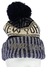 New York Plush Lined Embroidered Winter Knit Pom Beanie Hat (Navy)