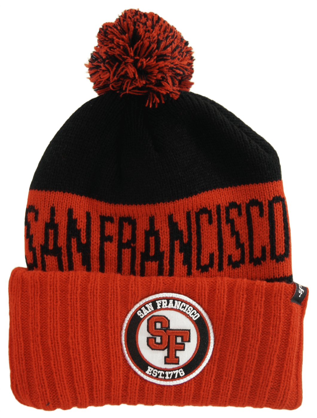 San Francisco SF Patch Fade Out Cuffed Knit Winter Pom Beanie Hat (Red/Black)