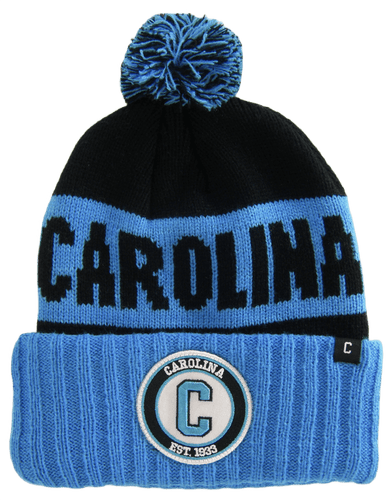 Carolina C Patch Ribbed Cuff Knit Winter Hat Pom Beanie (Blue/Black Patch)