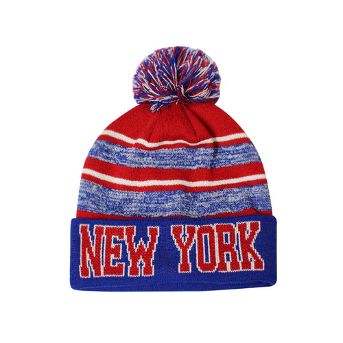 New York Blended Colors Men's Winter Knit Pom Beanie Hat (Royal/Red)