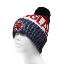 New England Men's Winter Knit Landmark Patch Pom Beanie (Navy/Red)